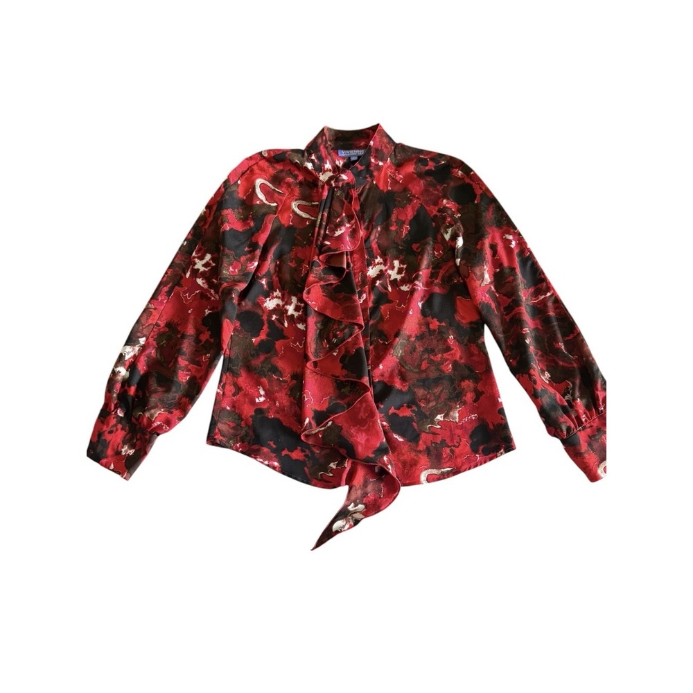 VIVIENNE TAM Ruffled High Neck Blouse Womens 8 Red Black Top Shirt 90s Abstract
